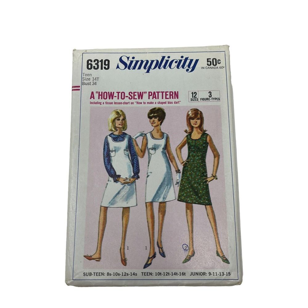 Simplicity Vintage Sewing Pattern Teen 6319 Size‎ 14T Jumper Blouse CUT Dress